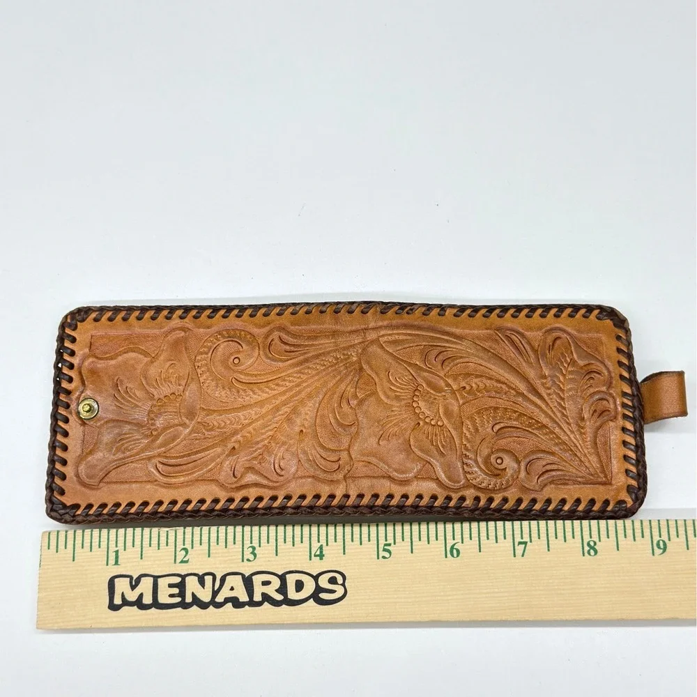 Vtg Joo-Kay Real Leather Tooled Floral Bifold Wallet Western Whipstitch Brown